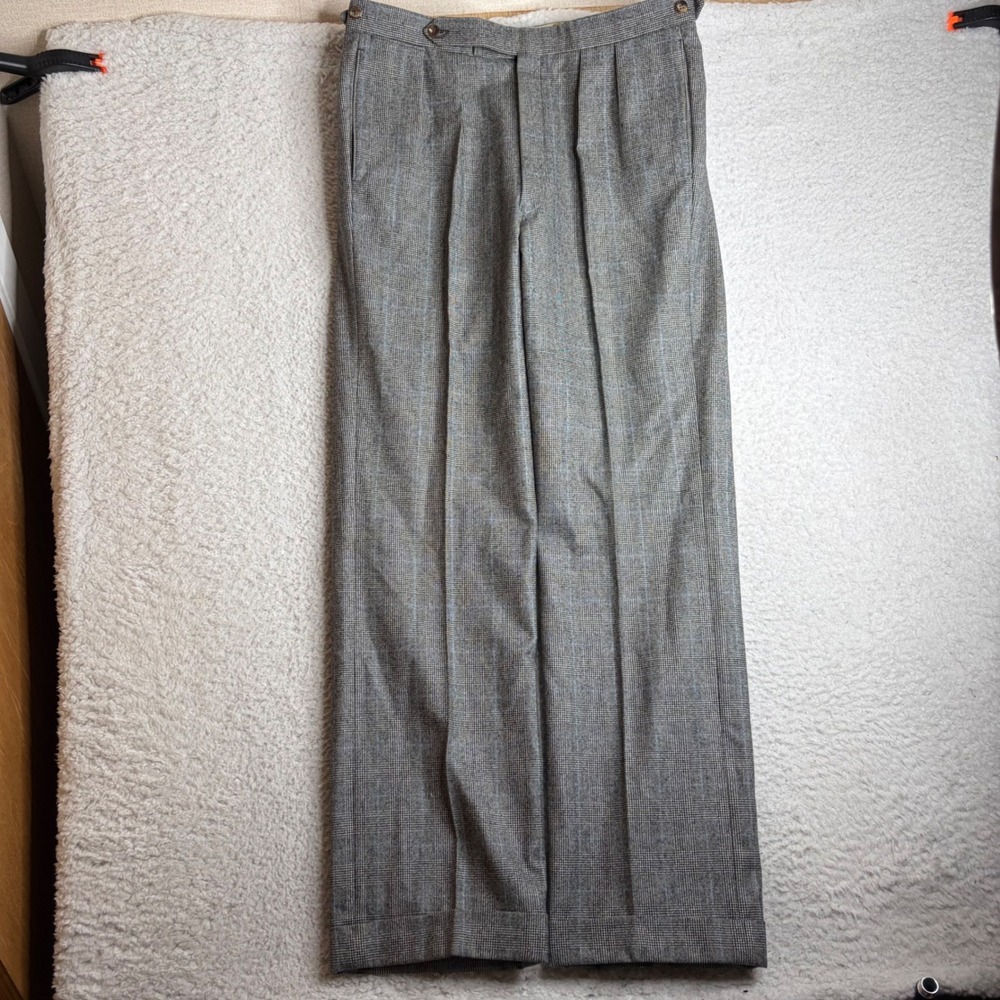 70s Grey Glen Plaid Pleated Trousers Blue Overcheck Cuffed Talon Zip 35x32